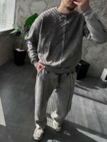 Мужской Утепленный Темно-Серый Спортивный Костюм Варенка Оверсайз на Флисе (Свитшот + Штаны)