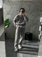 Мужской Утепленный Темно-Серый Спортивный Костюм Варенка Оверсайз на Флисе (Свитшот + Штаны)