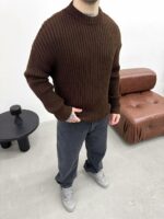 Мужской Вязаный Коричневый Свитер Джемпер Оверсайз с Круглым Вырезом