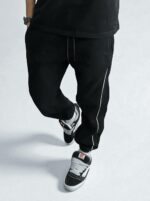 Мужские Черные Спортивные Штаны Джоггеры на Флисе с Манжетами и Кантом