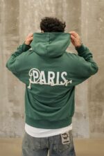 Мужское Зеленое Худи Paris Оверсаз с Принтом на Спине
