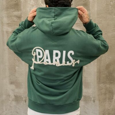 Мужское Зеленое Худи Paris Оверсаз с Принтом на Спине