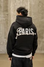 Мужское Черное Худи Paris Оверсаз с Принтом на Спине