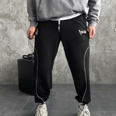 Мужские Широкие Черные Спортивные Штаны с Кантом и Фиксаторами Внизу
