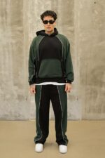 Мужской Чорно-Зеленый Спортивный Костюм Оверсайз с Кантом (Толстовка + Штаны)