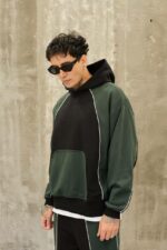 Мужской Чорно-Зеленый Спортивный Костюм Оверсайз с Кантом (Толстовка + Штаны)