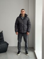 Мужская Зимняя Стеганая Графитовая Куртка с Капюшоном и Фиксаторами на Рукавах