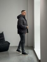 Мужская Зимняя Стеганая Графитовая Куртка с Капюшоном и Фиксаторами на Рукавах