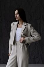 Женский Классический Серый Костюм - Укороченный Жакет + Широкие Брюки