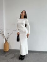 Женский Молочный Комплект Двойка - Асимметричный Топ с Длинными Рукавами + Юбка Макси с Разрезом Сзади