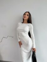 Женский Молочный Комплект Двойка - Асимметричный Топ с Длинными Рукавами + Юбка Макси с Разрезом Сзади