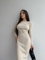 Женский Бежевый Комплект Двойка - Асимметричный Топ с Длинными Рукавами + Юбка Макси с Разрезом Сзади