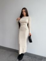 Женский Бежевый Комплект Двойка - Асимметричный Топ с Длинными Рукавами + Юбка Макси с Разрезом Сзади