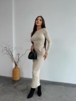 Женский Бежевый Комплект Двойка - Асимметричный Топ с Длинными Рукавами + Юбка Макси с Разрезом Сзади