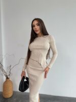 Женский Бежевый Комплект Двойка - Асимметричный Топ с Длинными Рукавами + Юбка Макси с Разрезом Сзади
