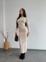 Женский Бежевый Комплект Двойка - Асимметричный Топ с Длинными Рукавами + Юбка Макси с Разрезом Сзади