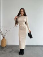 Женский Бежевый Комплект Двойка - Асимметричный Топ с Длинными Рукавами + Юбка Макси с Разрезом Сзади