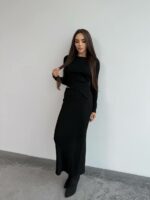 Женский Черный Комплект Двойка - Асимметричный Топ с Длинными Рукавами + Юбка Макси с Разрезом Сзади