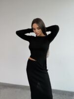 Женский Черный Комплект Двойка - Асимметричный Топ с Длинными Рукавами + Юбка Макси с Разрезом Сзади