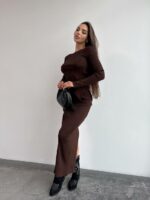 Женский Коричневый Комплект Двойка - Асимметричный Топ с Длинными Рукавами + Юбка Макси с Разрезом Сзади