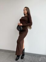 Женский Коричневый Комплект Двойка - Асимметричный Топ с Длинными Рукавами + Юбка Макси с Разрезом Сзади