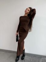 Женский Коричневый Комплект Двойка - Асимметричный Топ с Длинными Рукавами + Юбка Макси с Разрезом Сзади