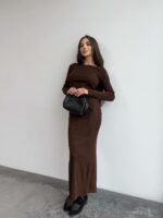 Женский Коричневый Комплект Двойка - Асимметричный Топ с Длинными Рукавами + Юбка Макси с Разрезом Сзади