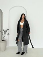 Женский Трикотажный Графитовый Кардиган - Длинный Прямого Кроя с Поясом