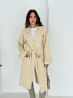 Женский Трикотажный Бежевый Кардиган - Длинный Прямого Кроя с Поясом