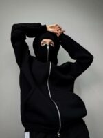 Женское Черное Зип Худи Оверсайз на Молни с Капюшоном и Балаклавой - Утепленное на Флисе