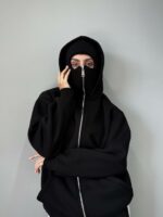 Женское Черное Зип Худи Оверсайз на Молни с Капюшоном и Балаклавой - Утепленное на Флисе