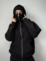 Женское Черное Зип Худи Оверсайз на Молни с Капюшоном и Балаклавой - Утепленное на Флисе