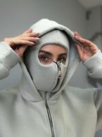Женское Серое Зип Худи Оверсайз на Молни с Капюшоном и Балаклавой - Утепленное на Флисе