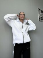 Женское Белое Зип Худи Оверсайз на Молни с Капюшоном и Балаклавой - Утепленное на Флисе