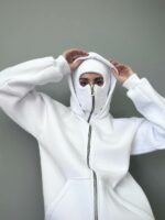 Женское Белое Зип Худи Оверсайз на Молни с Капюшоном и Балаклавой - Утепленное на Флисе