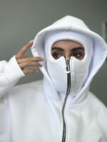 Женское Белое Зип Худи Оверсайз на Молни с Капюшоном и Балаклавой - Утепленное на Флисе