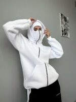 Женское Белое Зип Худи Оверсайз на Молни с Капюшоном и Балаклавой - Утепленное на Флисе