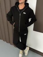 Мужской Базовый Черный Спортивный Костюм Овкрсайз - Зип Худи + Штаны с Фиксаторами