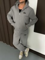 Мужской Базовый Серый Спортивный Костюм Овкрсайз - Зип Худи + Штаны с Фиксаторами