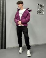 Мужская Демисезонная Бархатная Фиолетовая Стеганая Куртка с Высокой Горловиной и Капюшоном