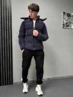 Мужская Демисезонная Бархатная Темно-Синяя Стеганая Куртка с Высокой Горловиной и Капюшоном