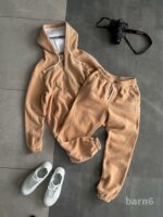 Мужской Теплый Бежевый Костюм Флисовый - Худи с Замком + Штаны Джоггеры