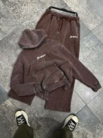Мужской Утепленный Коричневый Спортивный Костюм Варенка Оверсайз на Флисе (Худи + Штаны)