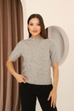 Женский Серый Свитер с Короткими Рукавами - Теплая Футболка Американка