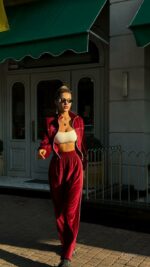 Женский Бордовый Костюм Велюр с Кантом - Зип Кофта + Широкие Штаны