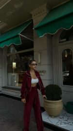 Женский Бордовый Костюм Велюр с Кантом - Зип Кофта + Широкие Штаны