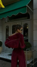 Женский Бордовый Костюм Велюр с Кантом - Зип Кофта + Широкие Штаны