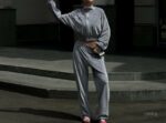 Женский Серый Костюм Велюр с Кантом - Зип Кофта + Широкие Штаны