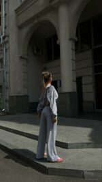 Женский Серый Костюм Велюр с Кантом - Зип Кофта + Широкие Штаны