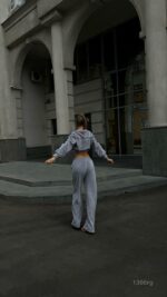Женский Серый Костюм Велюр с Кантом - Зип Кофта + Широкие Штаны